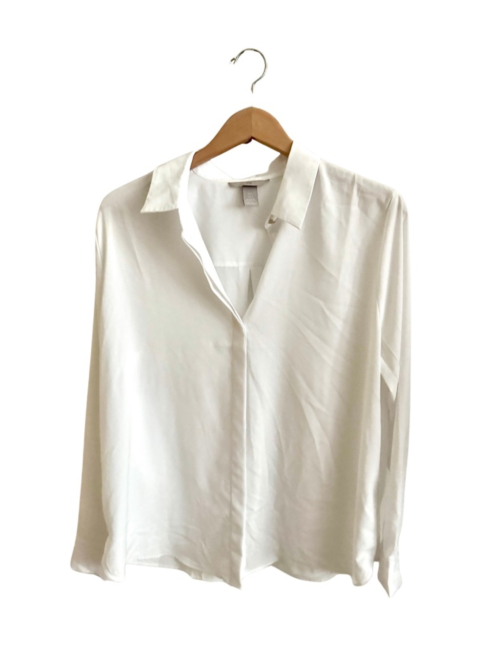 H&M White Silky Button Down Long Sleeve Blouse Shirt Size Large